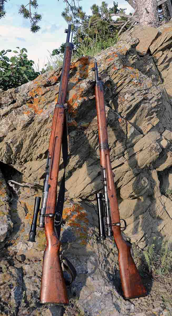 At left is an Imperial Japanese Army Type 97 6.5mm sniper rifle. At right is a Type 99 7.7mm sniper rifle.